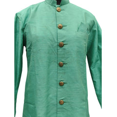 Light Green Silk Blend Sherwani Set with White Pyjama for Men - DBMS1075