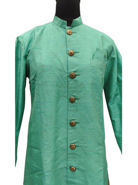 Light Green Silk Blend Sherwani Set with White Pyjama for Men - DBMS1075
