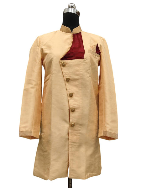 Orange Silk Blend Sherwani Set with White Pyjama for Men - DBMS1077