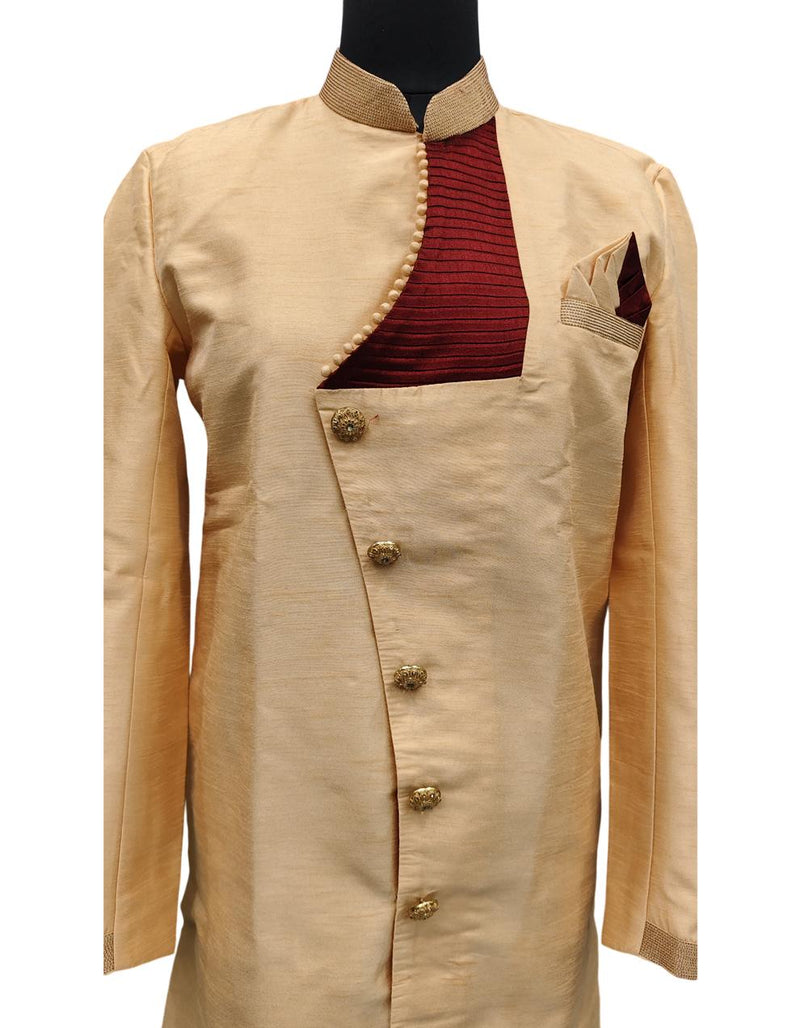Orange Silk Blend Sherwani Set with White Pyjama for Men - DBMS1077