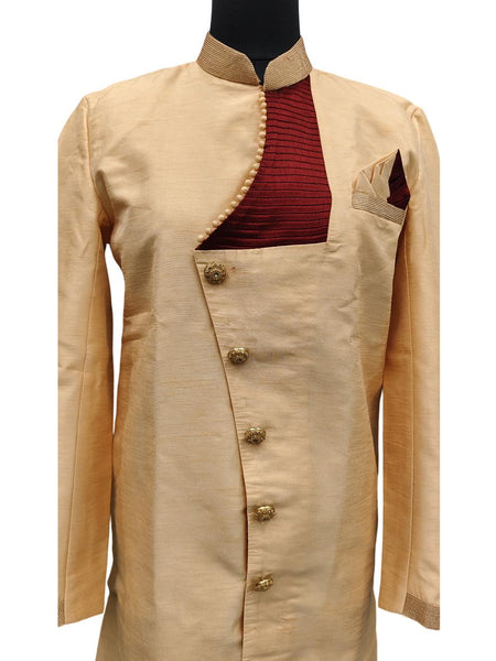 Orange Silk Blend Sherwani Set with White Pyjama for Men - DBMS1077