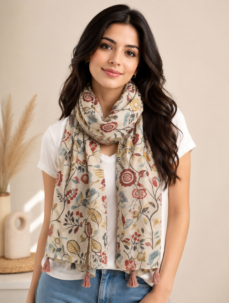 Classy Cream Printed Muslin Everyday Stylish Scarves/Stoles for Women SC10