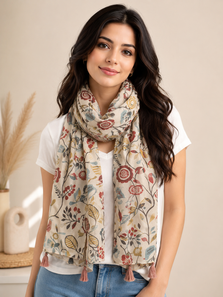 Classy Cream Printed Muslin Everyday Stylish Scarves/Stoles for Women SC10