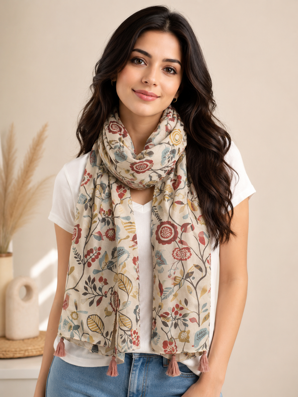Classy Cream Printed Muslin Everyday Stylish Scarves/Stoles for Women SC10