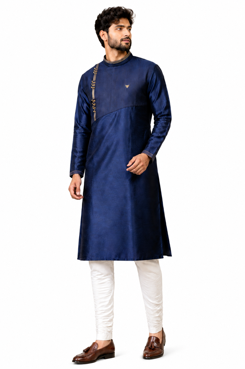 DESI BUTIK Men’s Navy Blue Asymmetric Designer Kurta With Churidar