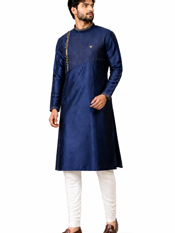 DESI BUTIK Men’s Navy Blue Asymmetric Designer Kurta With Churidar