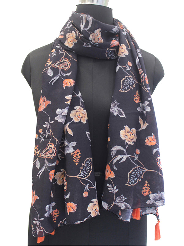Splendid Black Printed Muslin Regular Wear Scarves/Stoles for Women SC12