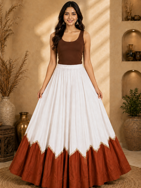 Cotton Silk WHITE-BROWN Stitched Lehenga  for Navratri DBL5046