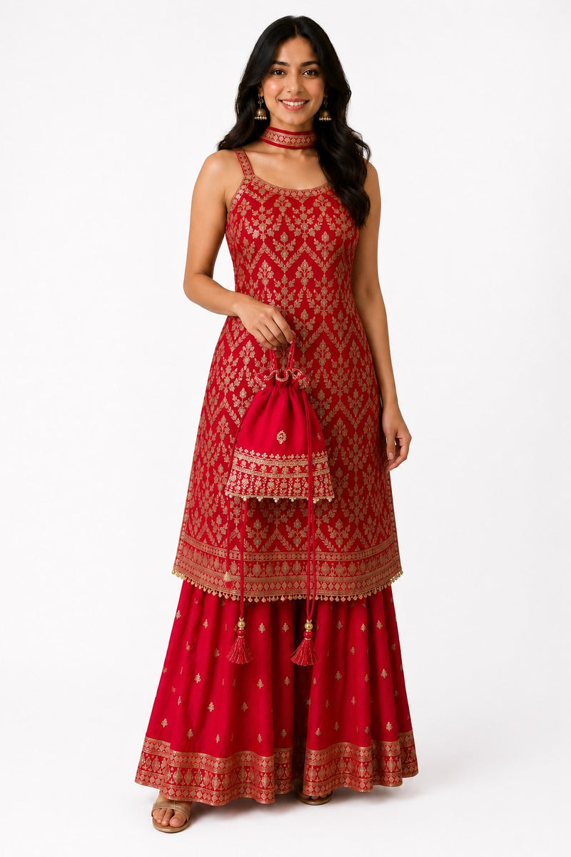 Red Embroidered Chinon Kurta Set with Sharara & Dupatta for Women