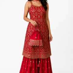 Red Embroidered Chinon Kurta Set with Sharara & Dupatta for Women