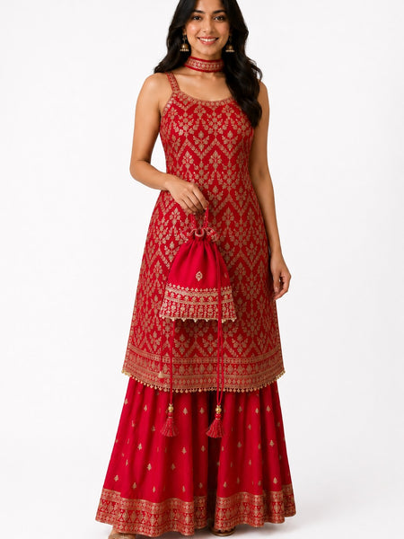 Red Embroidered Chinon Kurta Set with Sharara & Dupatta for Women