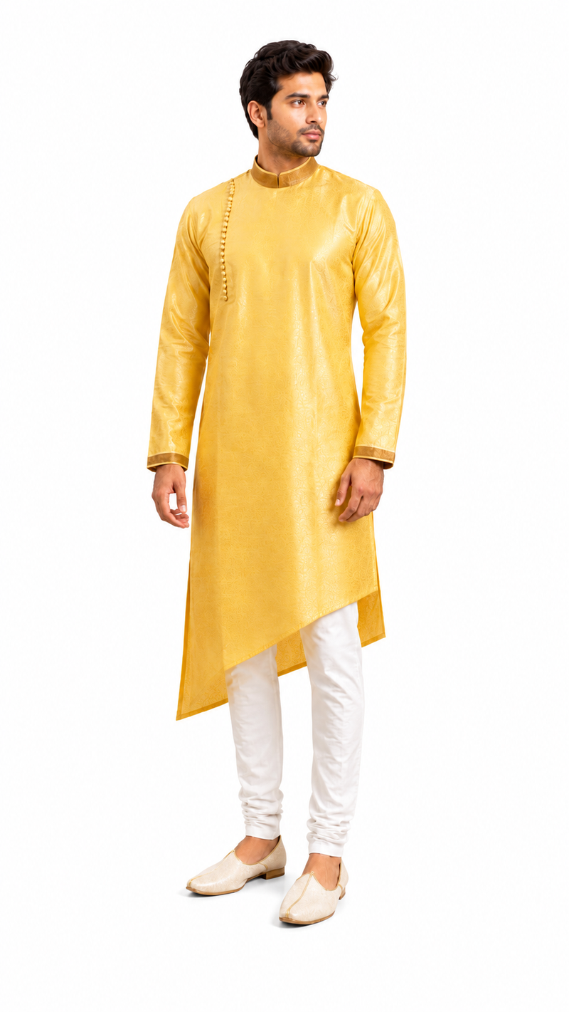 DESI BUTIK Men's Yellow Asymmetric Kurta Set