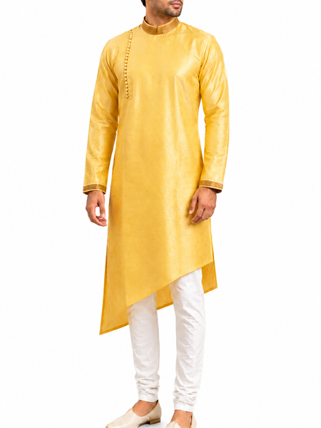 DESI BUTIK Men's Yellow Asymmetric Kurta Set