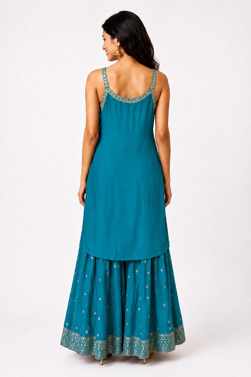 Women's Teal Embroidered Chinon Kurta Sharara Set with Dupatta & Potli Bag