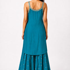 Women's Teal Embroidered Chinon Kurta Sharara Set with Dupatta & Potli Bag
