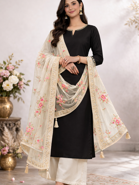 Desi Butik's  Beige Embroidered Net Dupatta with Golden Border & Tassels