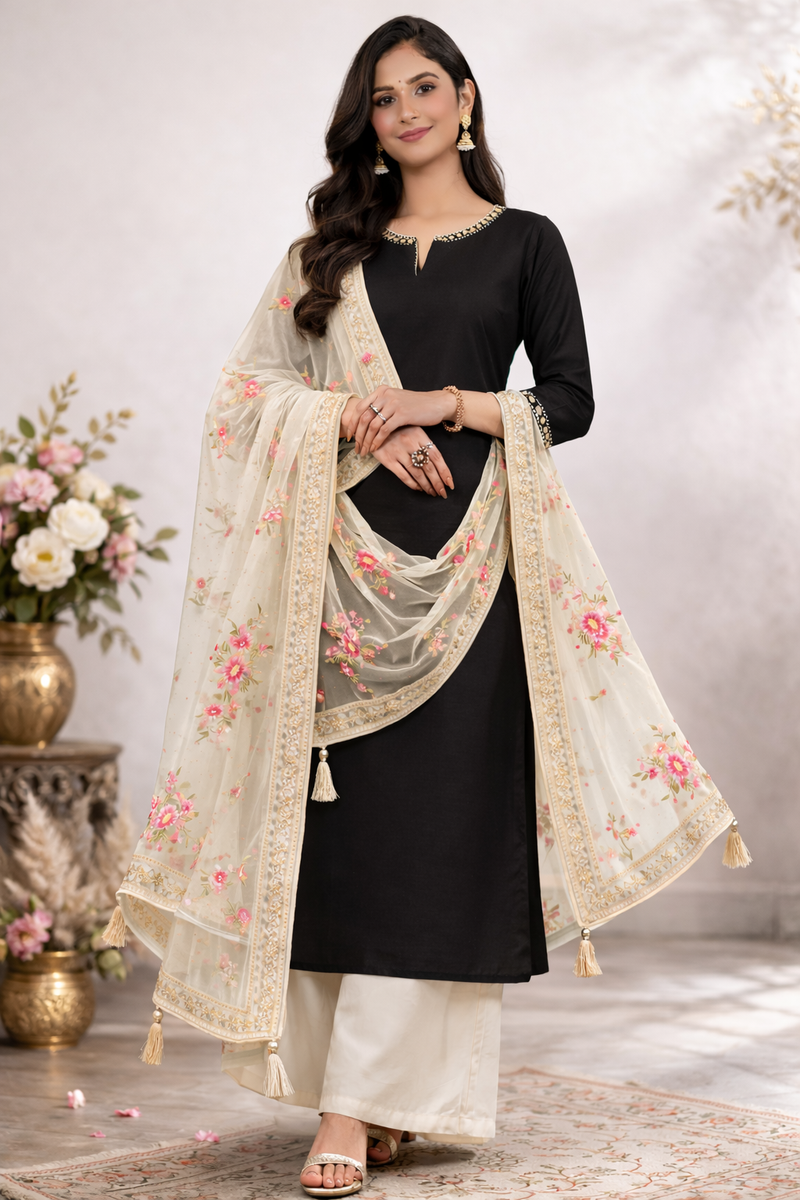 Desi Butik's  Beige Embroidered Net Dupatta with Golden Border & Tassels