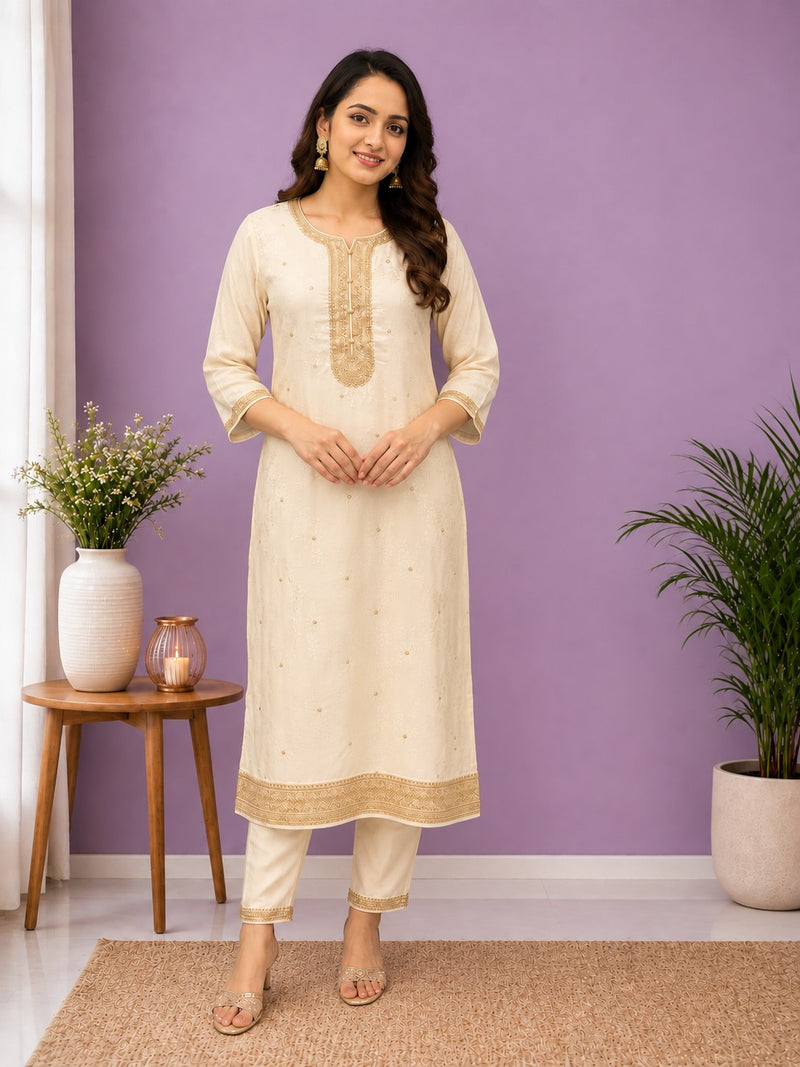 Women's Cream Embroidered Cotton Silk Kurta Set with Trousers & Dupatta