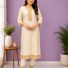 Women's Cream Embroidered Cotton Silk Kurta Set with Trousers & Dupatta