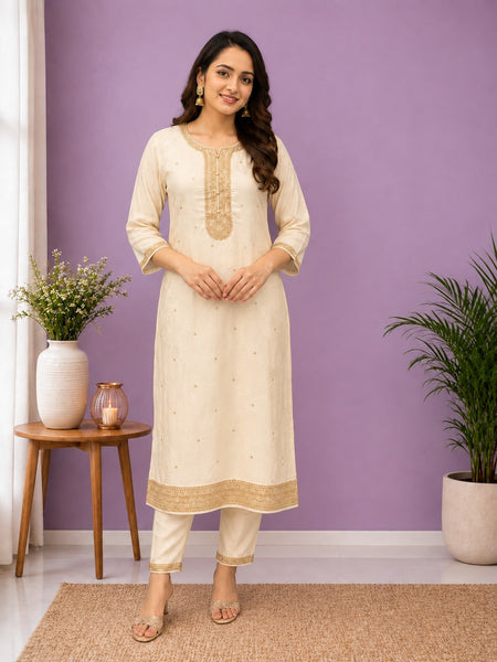 Women's Cream Embroidered Cotton Silk Kurta Set with Trousers & Dupatta