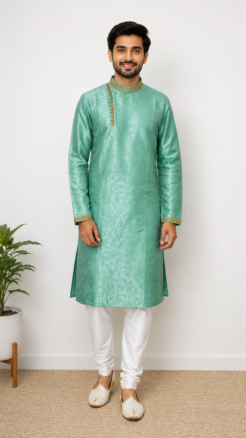 DESI BUTIK Men's Men's Blue Jacquard Kurta Set