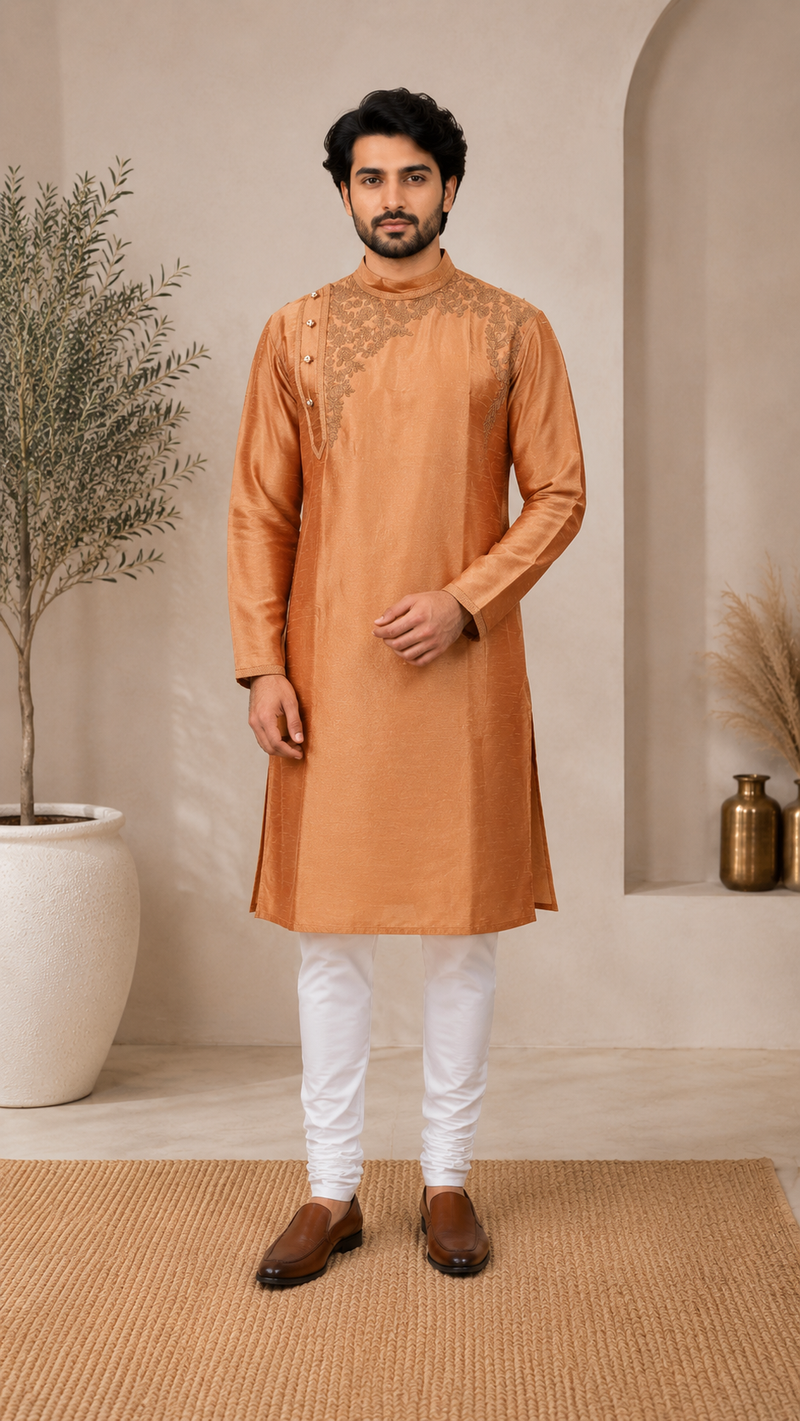DESI BUTIK Men's Brown Embroidered Kurta Set