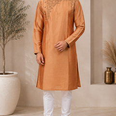 DESI BUTIK Men's Brown Embroidered Kurta Set