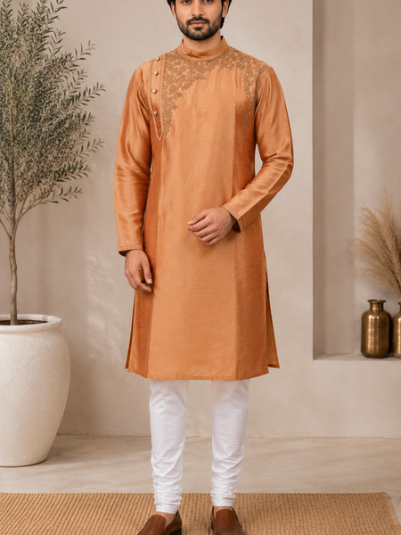 DESI BUTIK Men's Brown Embroidered Kurta Set