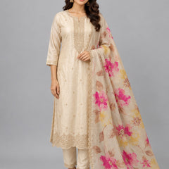 Women's Gold Embroidered Cotton Silk Kurta Set with Trousers & Dupatta