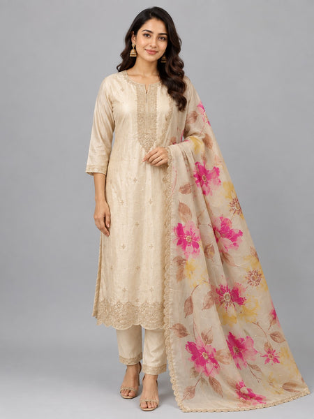 Women's Gold Embroidered Cotton Silk Kurta Set with Trousers & Dupatta