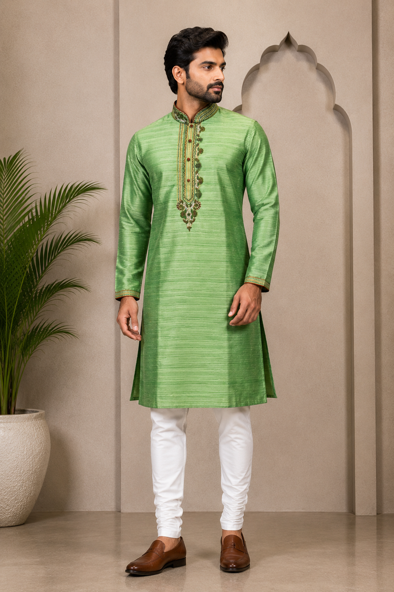 DESI BUTIK Men’s Green Embroidered Kurta with White Churidar Pant