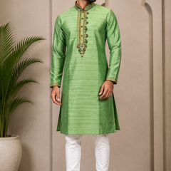 DESI BUTIK Men’s Green Embroidered Kurta with White Churidar Pant