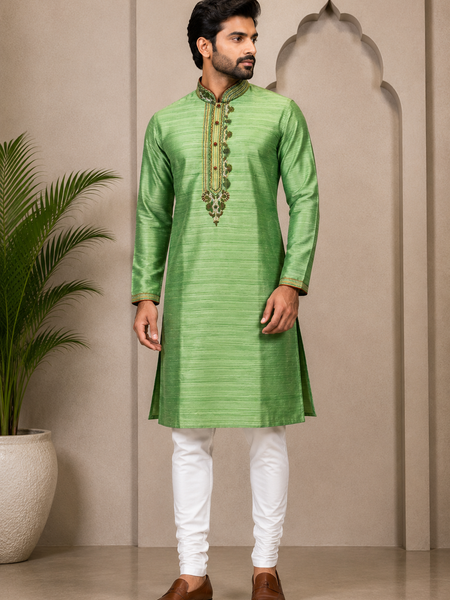 DESI BUTIK Men’s Green Embroidered Kurta with White Churidar Pant