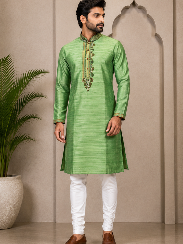 DESI BUTIK Men’s Green Embroidered Kurta with White Churidar Pant