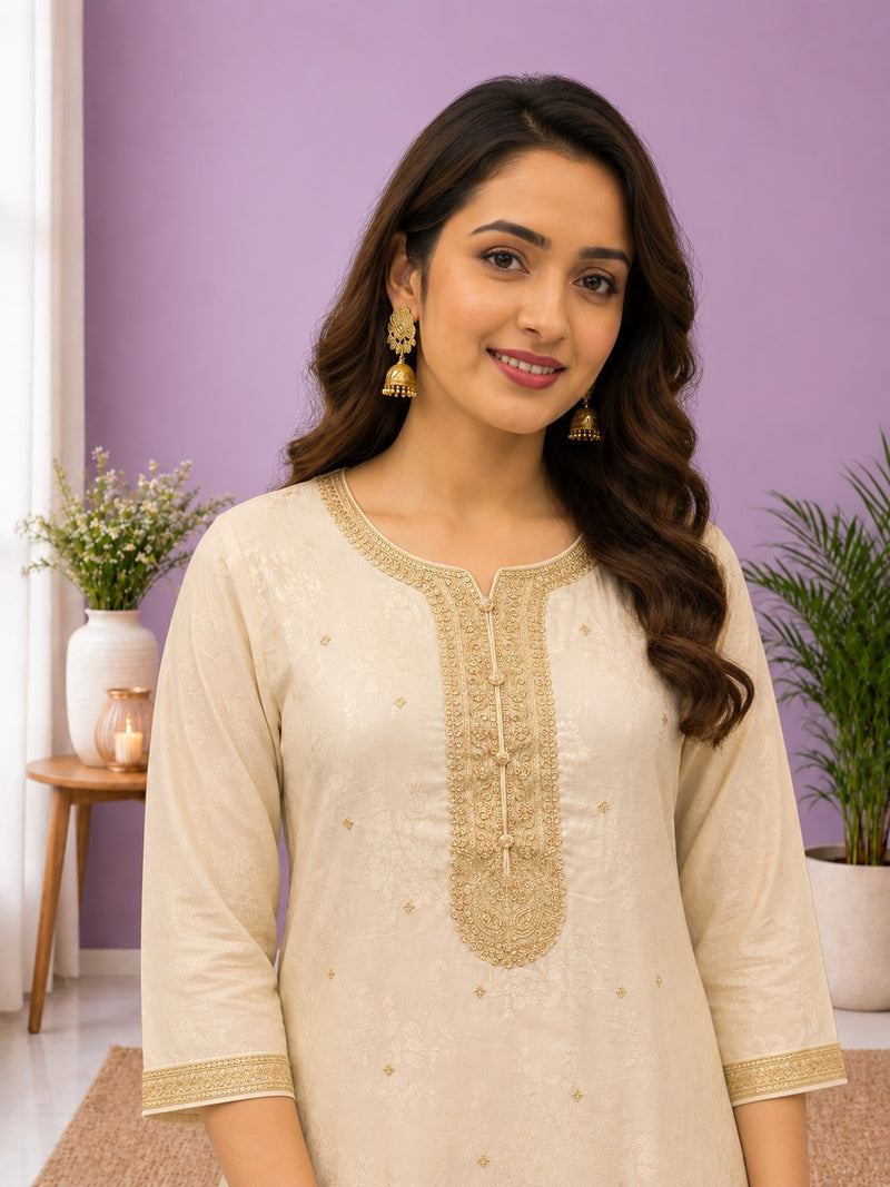Women's Cream Embroidered Cotton Silk Kurta Set with Trousers & Dupatta