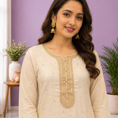 Women's Cream Embroidered Cotton Silk Kurta Set with Trousers & Dupatta
