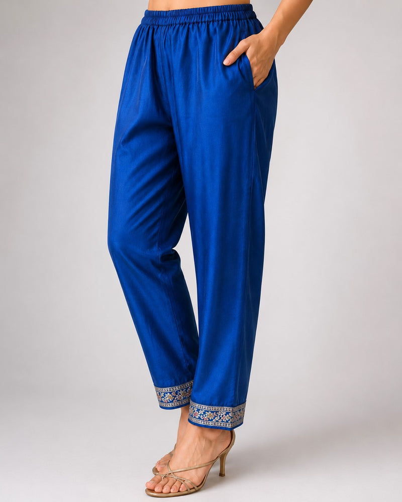 Women's Blue Embroidered Cotton Silk Kurta Set with Trousers & Dupatta