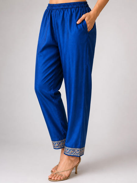 Women's Blue Embroidered Cotton Silk Kurta Set with Trousers & Dupatta
