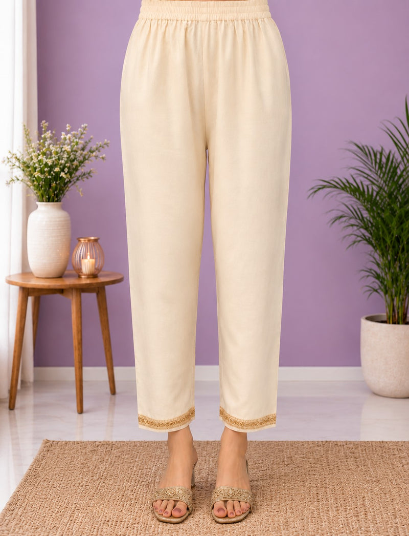 Women's Cream Embroidered Cotton Silk Kurta Set with Trousers & Dupatta