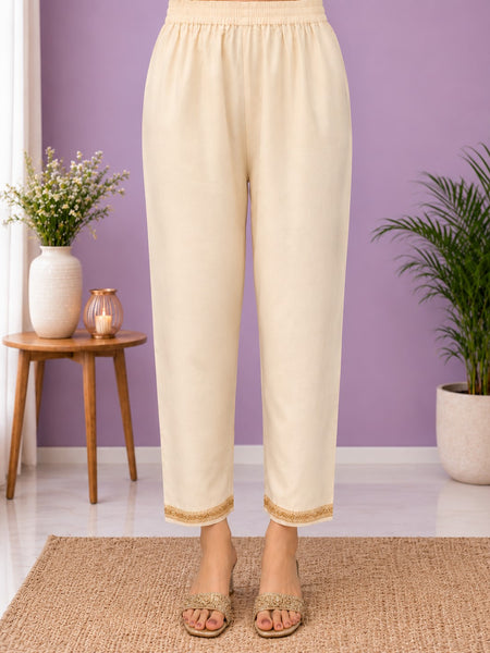 Women's Cream Embroidered Cotton Silk Kurta Set with Trousers & Dupatta
