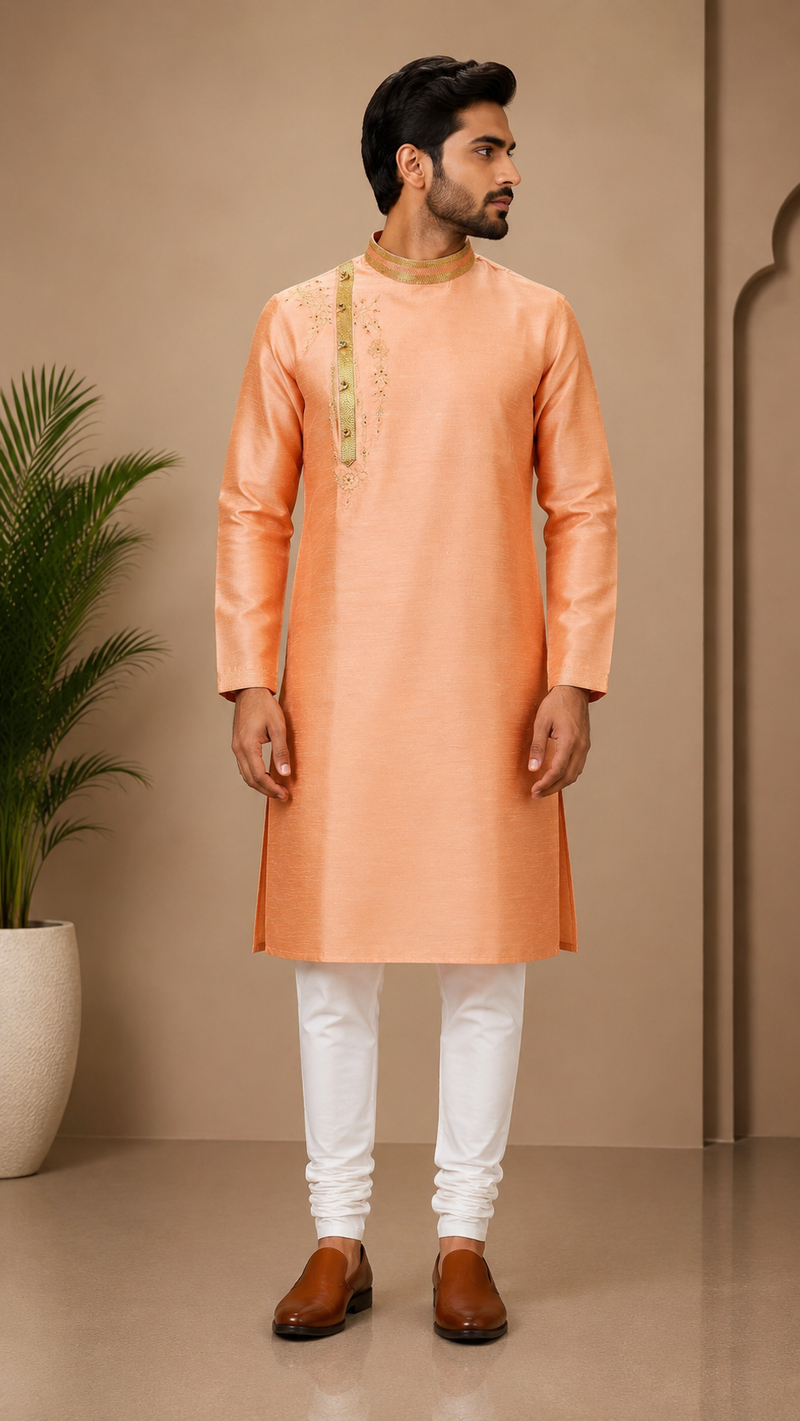 Desi Butik Men's Peach Silk Blend Embroidered Straight Kurta with White Churidar