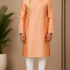 Desi Butik Men's Peach Silk Blend Embroidered Straight Kurta with White Churidar