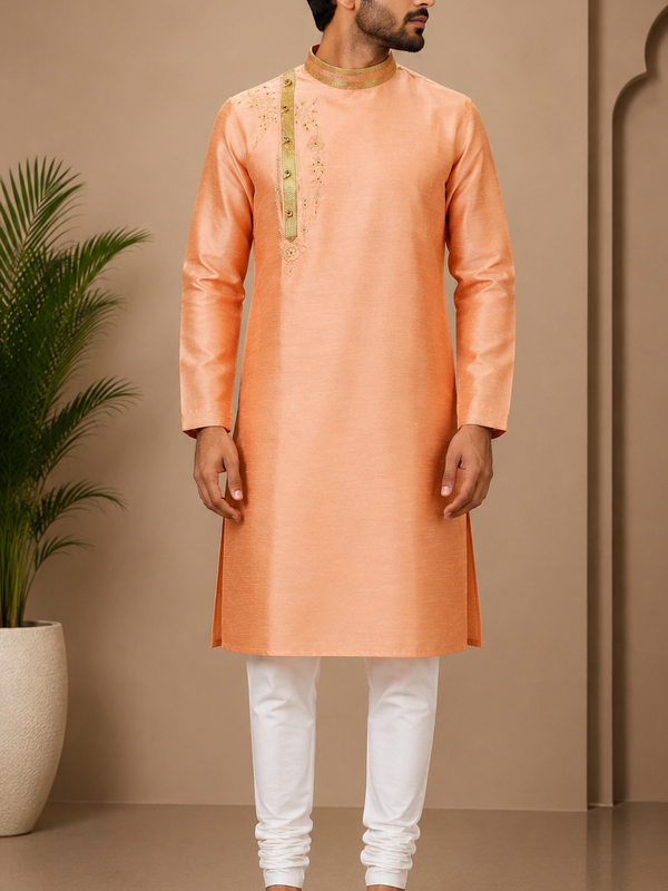 Desi Butik Men's Peach Silk Blend Embroidered Straight Kurta with White Churidar