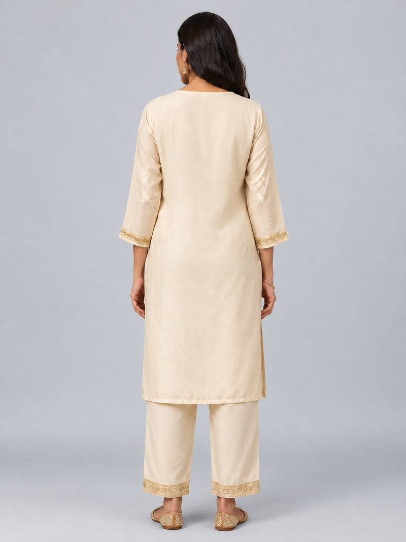 Women's Gold Embroidered Cotton Silk Kurta Set with Trousers & Dupatta