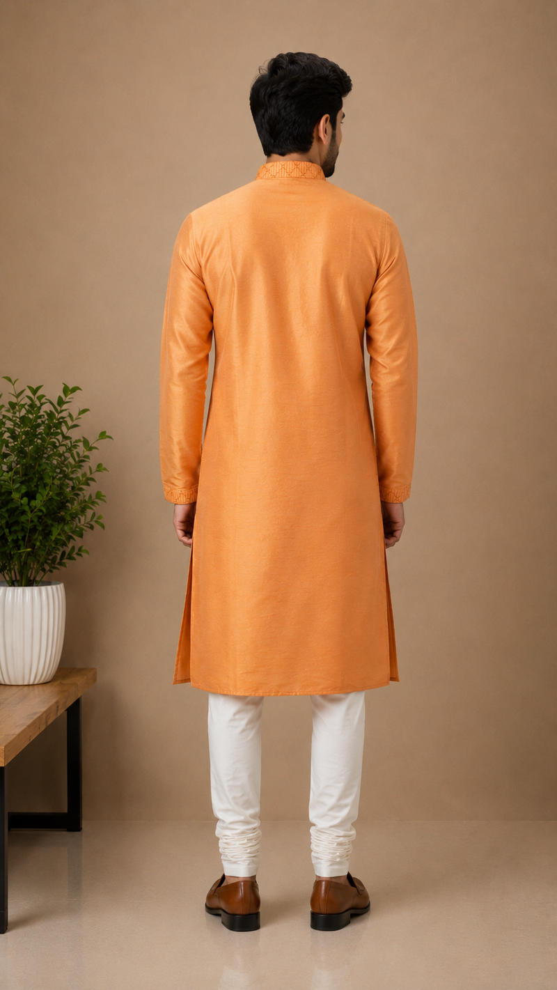 DESI BUTIK Men's Orange Embroidered Kurta Set