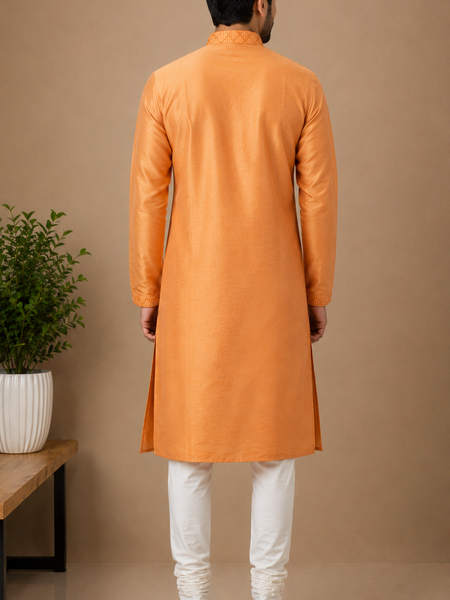 DESI BUTIK Men's Orange Embroidered Kurta Set