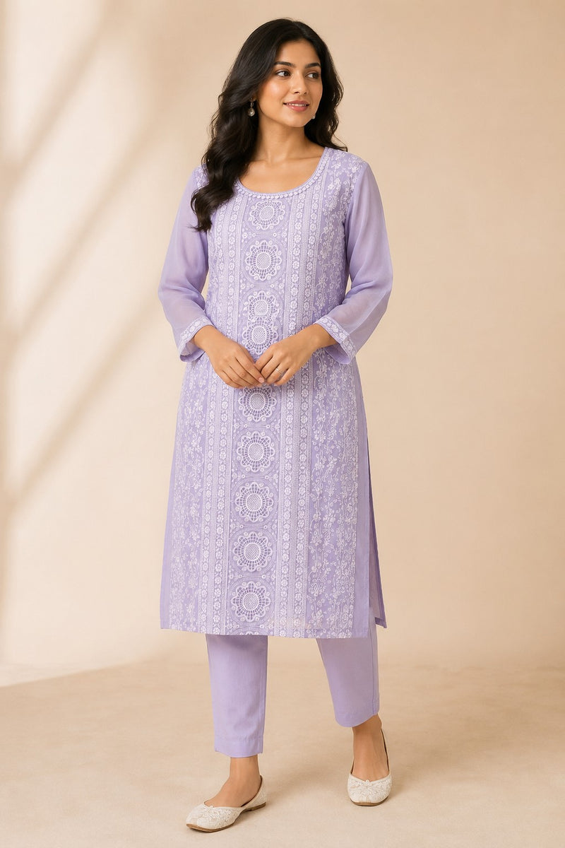Women's Lavender Embroidered Cotton Silk Kurta Set with Dupatta