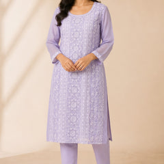Women's Lavender Embroidered Cotton Silk Kurta Set with Dupatta