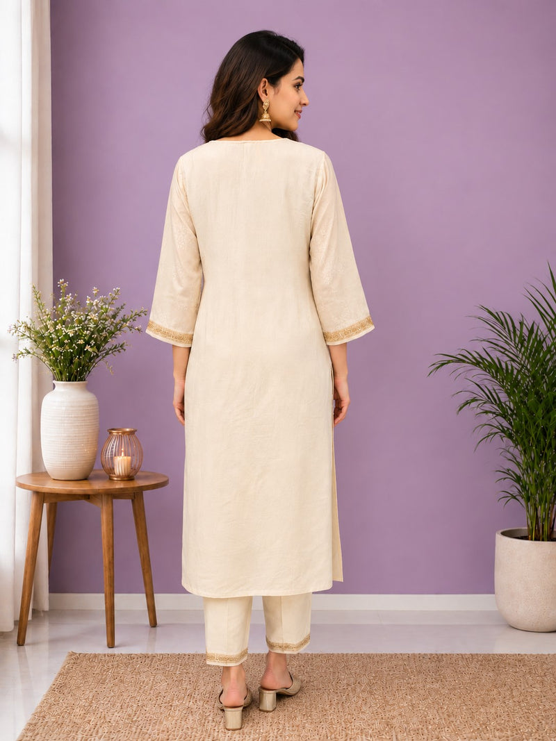 Women's Cream Embroidered Cotton Silk Kurta Set with Trousers & Dupatta