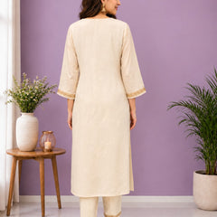 Women's Cream Embroidered Cotton Silk Kurta Set with Trousers & Dupatta